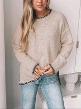 Load image into Gallery viewer, Suhkasana - Khaki Contrast Trim Knit Sweater Crew Neck Casual Pullover