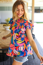 Load image into Gallery viewer, Tropical Vibes Blue & Pink Mock Neck Flutter Sleeve Top