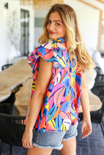 Load image into Gallery viewer, Tropical Vibes Blue & Pink Mock Neck Flutter Sleeve Top