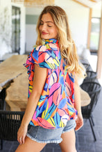 Load image into Gallery viewer, Tropical Vibes Blue & Pink Mock Neck Flutter Sleeve Top