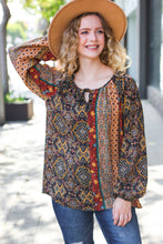 Load image into Gallery viewer, Weekend Ready Black & Rust Paisley Raglan Keyhole Tie Top