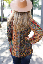 Load image into Gallery viewer, Weekend Ready Black & Rust Paisley Raglan Keyhole Tie Top