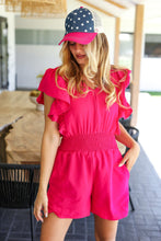 Load image into Gallery viewer, Feeling Femme' Fuchsia Smocked Waist V Neck Flutter Sleeve Romper