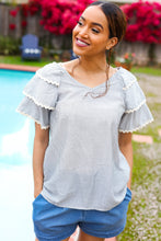 Load image into Gallery viewer, Lovely In Gray Stripe Tiered Ruffle Sleeve Ric Rac Trim Top