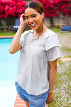 Load image into Gallery viewer, Lovely In Gray Stripe Tiered Ruffle Sleeve Ric Rac Trim Top