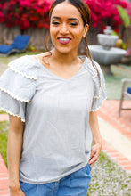 Load image into Gallery viewer, Lovely In Gray Stripe Tiered Ruffle Sleeve Ric Rac Trim Top