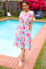 Load image into Gallery viewer, Hello Beautiful Ivory & Fuchsia Floral Sequin Smock Waist Midi Dress