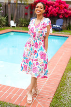 Load image into Gallery viewer, Hello Beautiful Ivory & Fuchsia Floral Sequin Smock Waist Midi Dress