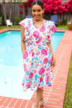 Load image into Gallery viewer, Hello Beautiful Ivory & Fuchsia Floral Sequin Smock Waist Midi Dress