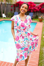 Load image into Gallery viewer, Hello Beautiful Ivory & Fuchsia Floral Sequin Smock Waist Midi Dress