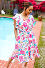 Load image into Gallery viewer, Hello Beautiful Ivory & Fuchsia Floral Sequin Smock Waist Midi Dress
