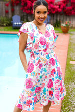 Load image into Gallery viewer, Hello Beautiful Ivory & Fuchsia Floral Sequin Smock Waist Midi Dress