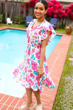 Load image into Gallery viewer, Hello Beautiful Ivory & Fuchsia Floral Sequin Smock Waist Midi Dress