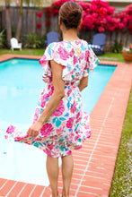 Load image into Gallery viewer, Hello Beautiful Ivory & Fuchsia Floral Sequin Smock Waist Midi Dress