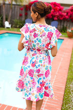 Load image into Gallery viewer, Hello Beautiful Ivory & Fuchsia Floral Sequin Smock Waist Midi Dress