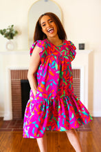 Load image into Gallery viewer, You Got This Purple Abstract Floral Print Tiered Ruffle Sleeve Dress