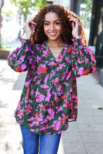 Load image into Gallery viewer, Eyes On You Forest Green Floral Smocked Bubble Sleeve V Neck Top