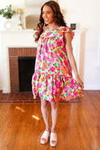 Load image into Gallery viewer, Be Charming Lime & Pink Floral Print Tiered Ruffle Sleeve Dress