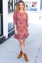 Load image into Gallery viewer, Spread Joy Rust Ruffle Floral Hem 3/4 Slit Sleeve Dress