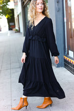 Load image into Gallery viewer, Beautiful You Black Pintuck Detail Frill V Neck Maxi Dress