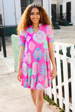 Load image into Gallery viewer, Find Love Hot Pink Abstract Print Frill Notch Neck Dress