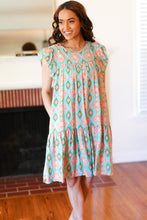 Load image into Gallery viewer, Mint Geo Boho Print Yoke Poplin Woven Dress