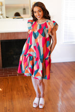 Load image into Gallery viewer, Stand Out Magenta & Teal Geometric Yoke Woven Dress