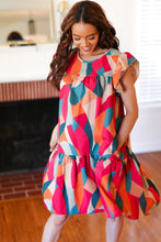 Load image into Gallery viewer, Stand Out Magenta & Teal Geometric Yoke Woven Dress