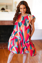 Load image into Gallery viewer, Stand Out Magenta & Teal Geometric Yoke Woven Dress