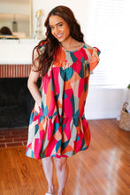Load image into Gallery viewer, Stand Out Magenta & Teal Geometric Yoke Woven Dress