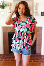 Load image into Gallery viewer, Black & Pink Floral Ruffle Short Sleeve Babydoll Top
