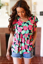 Load image into Gallery viewer, Black & Pink Floral Ruffle Short Sleeve Babydoll Top