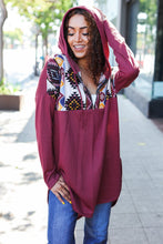 Load image into Gallery viewer, Stand Out Burgundy Tribal Print Half Zip Longline Hoodie