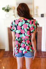 Load image into Gallery viewer, Black & Pink Floral Ruffle Short Sleeve Babydoll Top