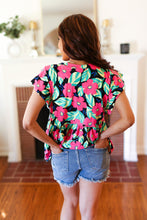 Load image into Gallery viewer, Black & Pink Floral Ruffle Short Sleeve Babydoll Top