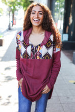 Load image into Gallery viewer, Stand Out Burgundy Tribal Print Half Zip Longline Hoodie