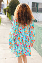 Load image into Gallery viewer, Feeling Femme Aqua Floral Ribbon Bow Tie Babydoll Dress