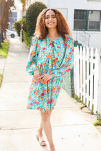 Load image into Gallery viewer, Feeling Femme Aqua Floral Ribbon Bow Tie Babydoll Dress