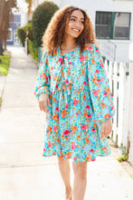 Load image into Gallery viewer, Feeling Femme Aqua Floral Ribbon Bow Tie Babydoll Dress