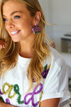 Load image into Gallery viewer, Mardi Gras Sequin & Beaded Crown Dangle Earrings
