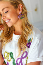 Load image into Gallery viewer, Mardi Gras Sequin & Beaded Crown Dangle Earrings