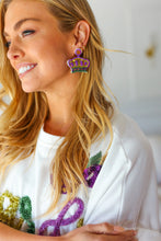 Load image into Gallery viewer, Mardi Gras Sequin & Beaded Crown Dangle Earrings
