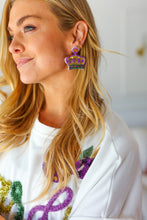 Load image into Gallery viewer, Mardi Gras Sequin & Beaded Crown Dangle Earrings