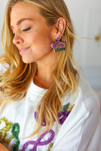 Load image into Gallery viewer, Mardi Gras Sequin & Beaded Crown Dangle Earrings