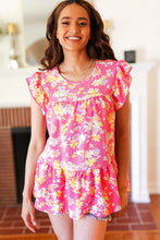 Load image into Gallery viewer, Diva Pink Floral Yoke Flutter Sleeve Keyhole Back Top