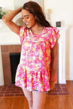 Load image into Gallery viewer, Diva Pink Floral Yoke Flutter Sleeve Keyhole Back Top