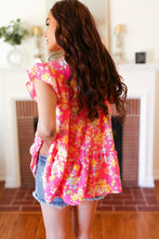 Load image into Gallery viewer, Diva Pink Floral Yoke Flutter Sleeve Keyhole Back Top