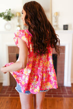 Load image into Gallery viewer, Diva Pink Floral Yoke Flutter Sleeve Keyhole Back Top