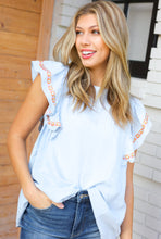 Load image into Gallery viewer, Chambray Embroidered Flutter Sleeve Top