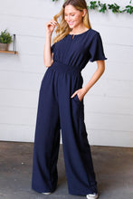 Load image into Gallery viewer, Dark Blue Smocked Waist Notch Neck Crepe Jumpsuit